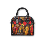 Black shoulder handbag with vibrant African-inspired multicolor print and adjustable strap — alternate view