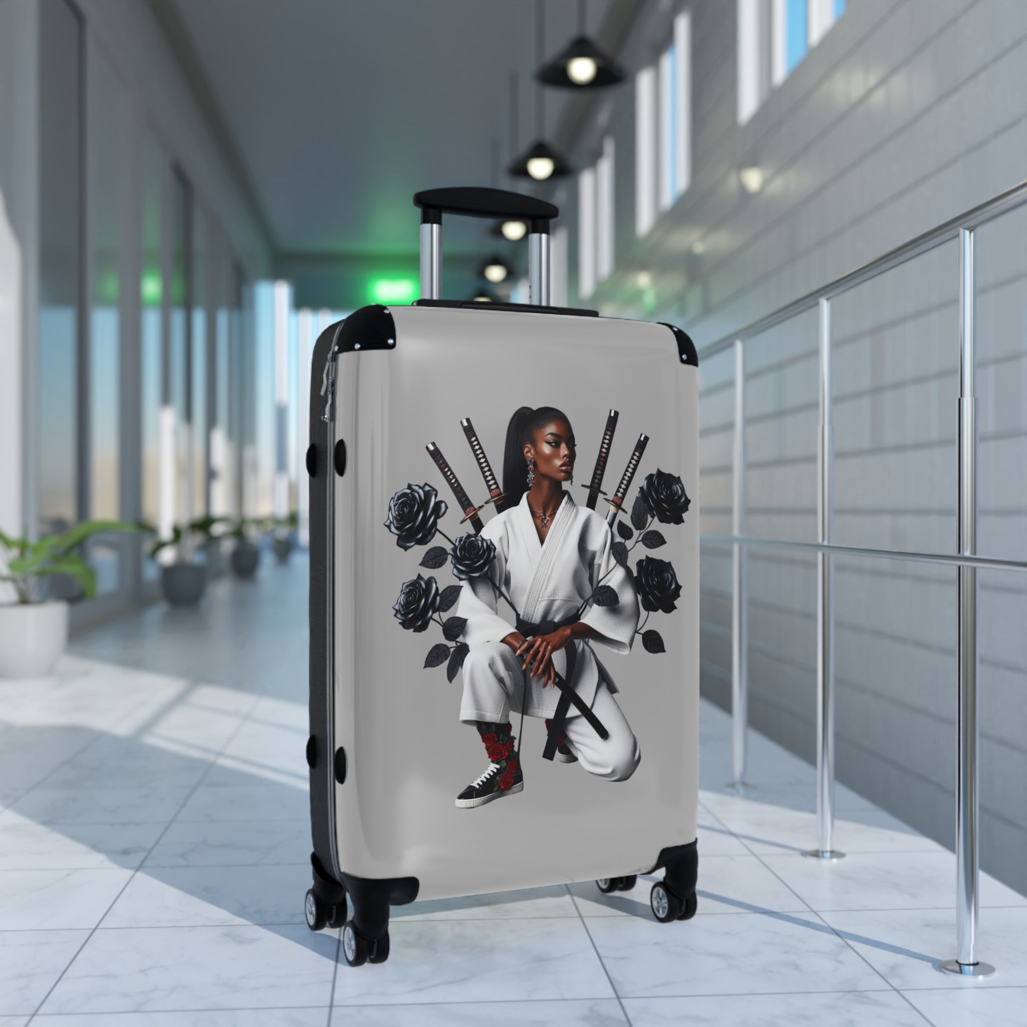 R&RH Elegant Samurai Style Grey Women's Suitcase with floral design