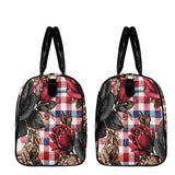 Red checkered rose large-capacity duffel in 1200D nylon with PU leather handles and adjustable strap — side view