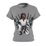 Grey women's T-shirt with samurai-inspired graphic print and regular tagless fit — additional view 6