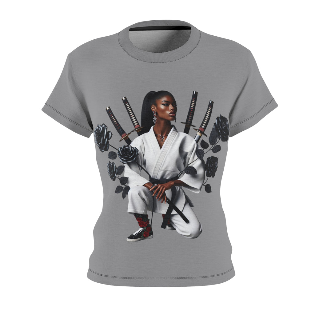 R&RH Empowered Women’s Grey Tee featuring bold samurai graphic, soft fabric, and edgy streetwear style