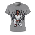 R&RH Empowered Women’s Grey Tee featuring bold samurai graphic, soft fabric, and edgy streetwear style