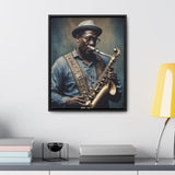 Canvas wall art depicting a saxophone player on cotton canvas stretched over a poplar wood frame — rear view