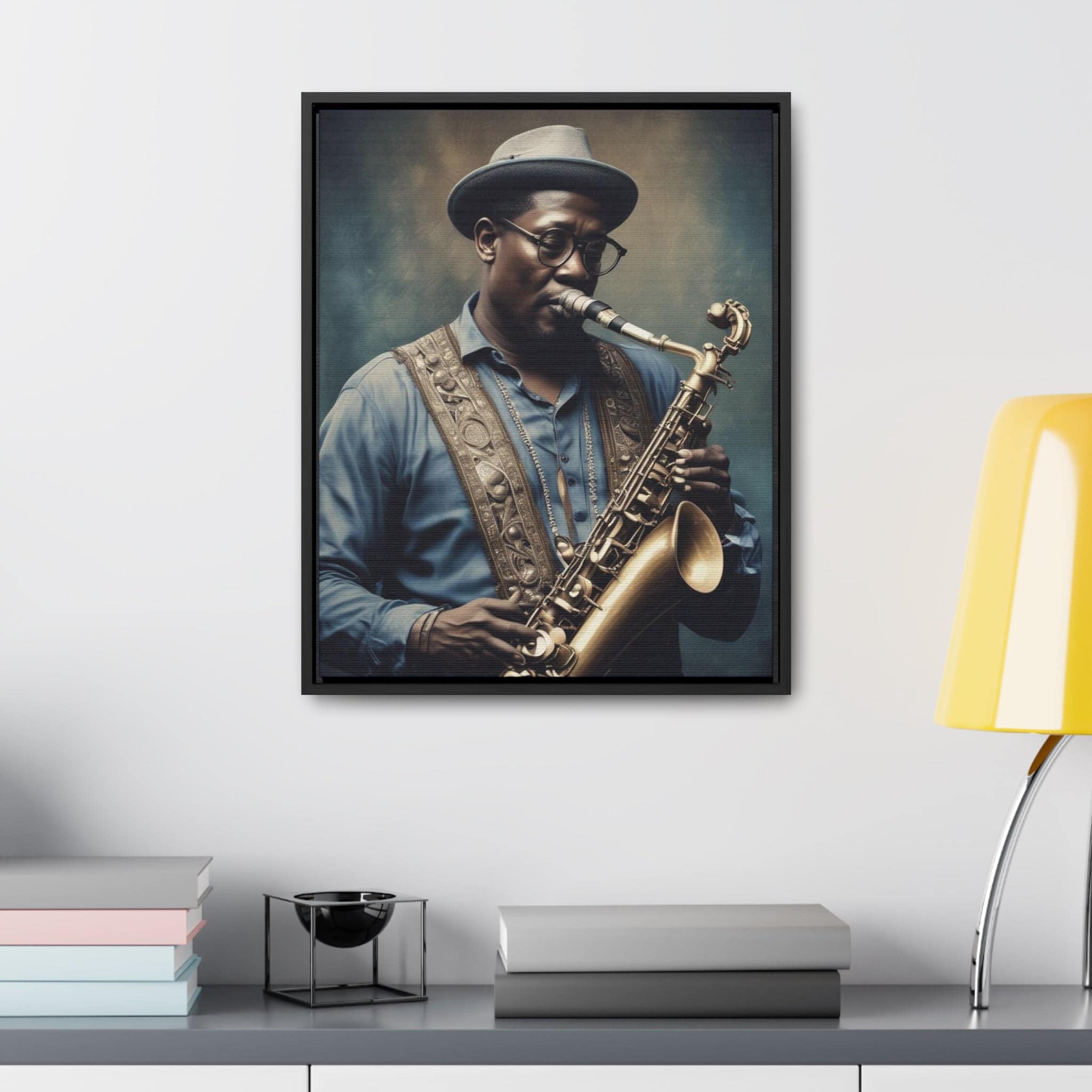 Canvas wall art depicting a saxophone player on cotton canvas stretched over a poplar wood frame — rear view