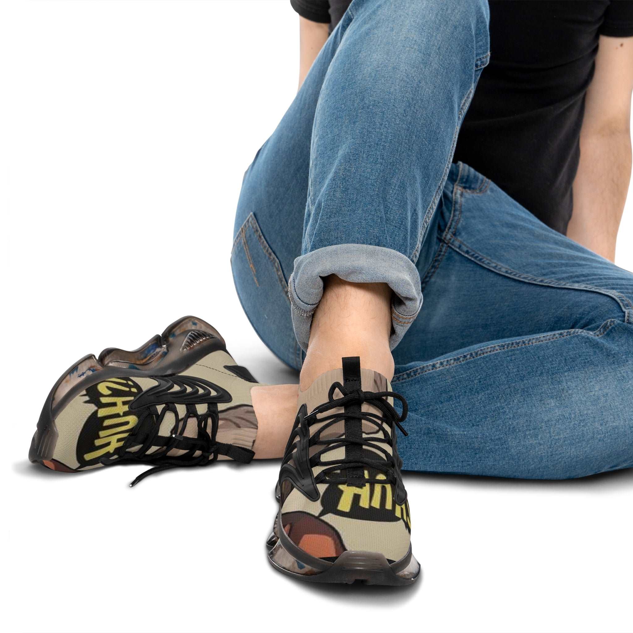 Huh?! Men's black mesh sneaker with white sole and breathable design