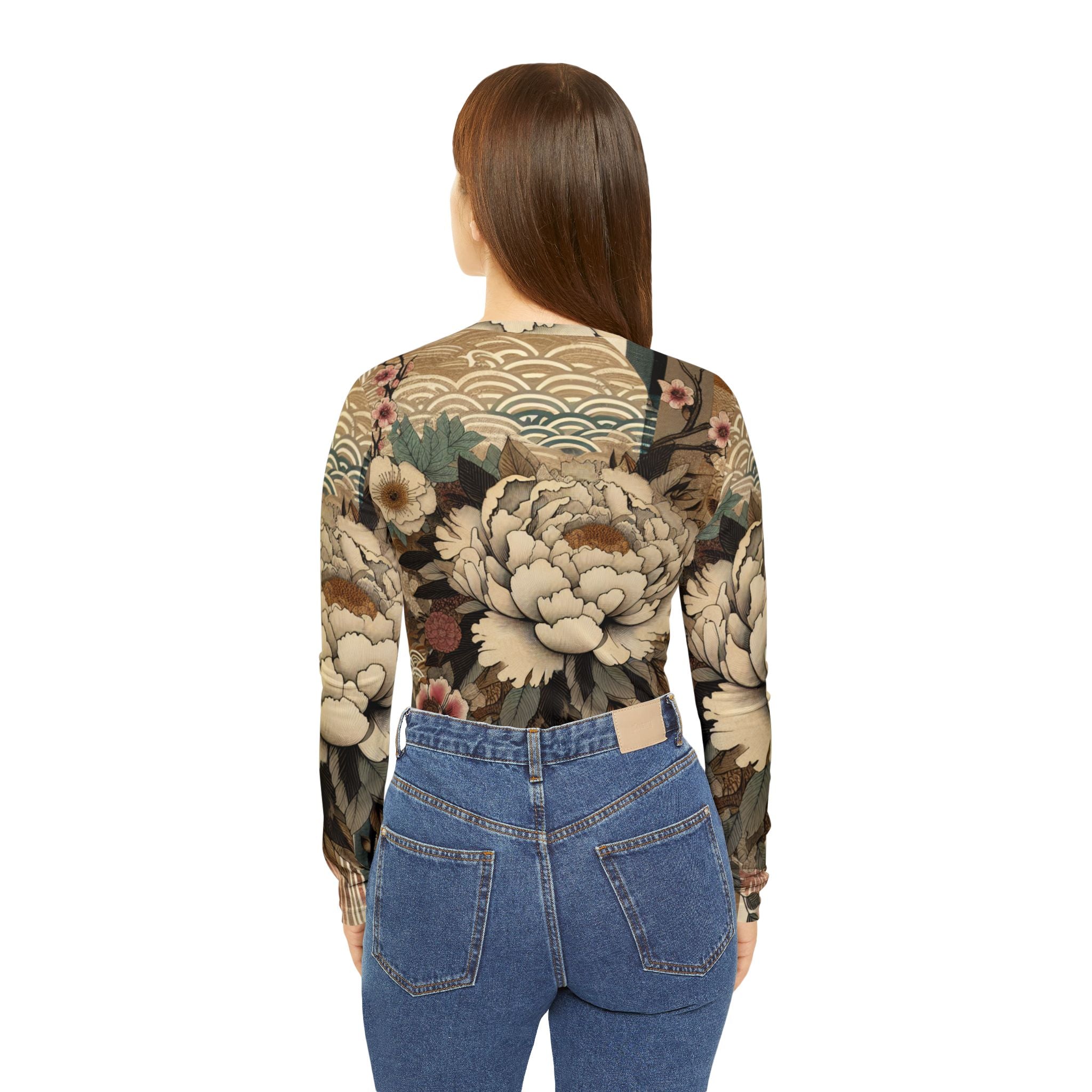 Elegant Floral V-neck Long Sleeve Shirt, Boho Chic Top, Art Tee, Nature-inspired Apparel, Unique Gift for Her