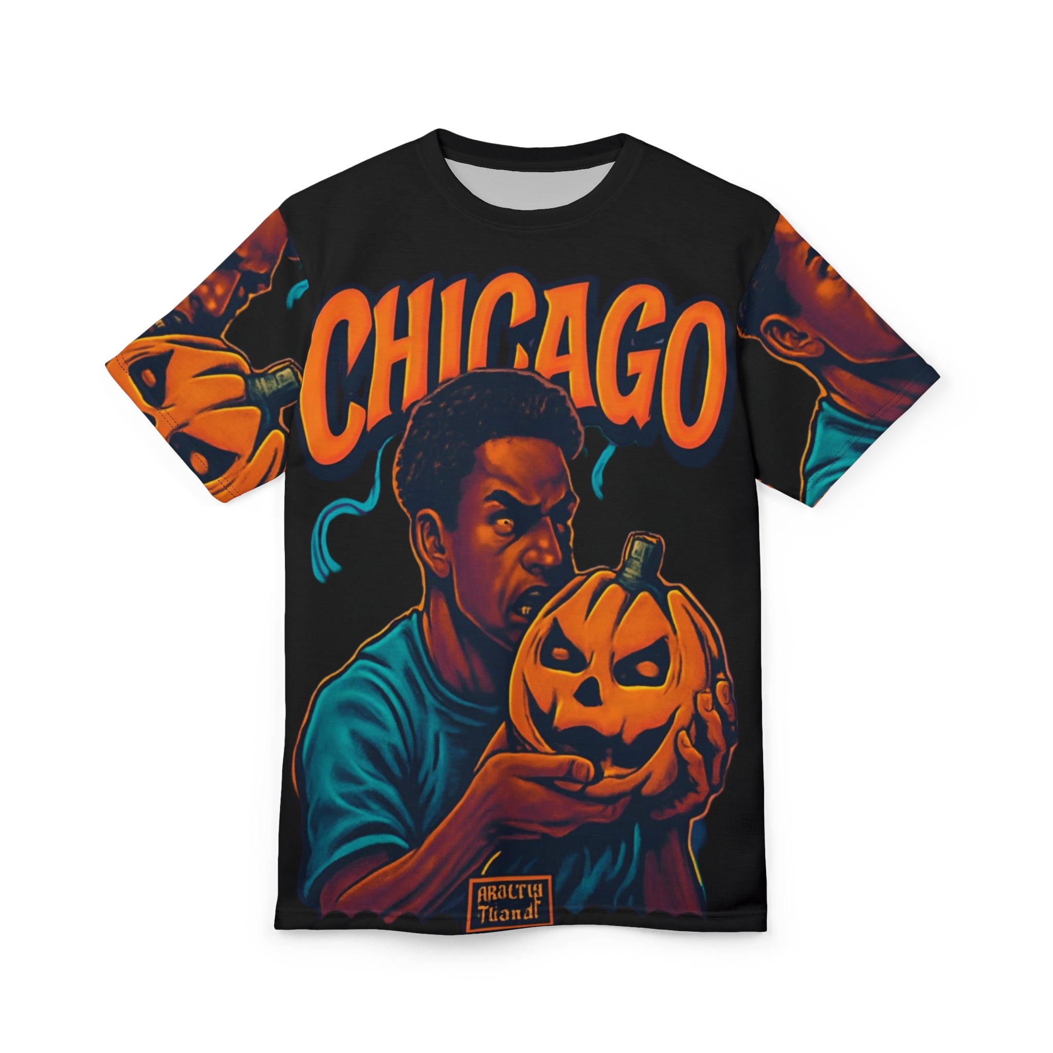 Unisex tee with Chicago-inspired spooky all-over print, crew neck and regular fit assembled in the USA — product detail