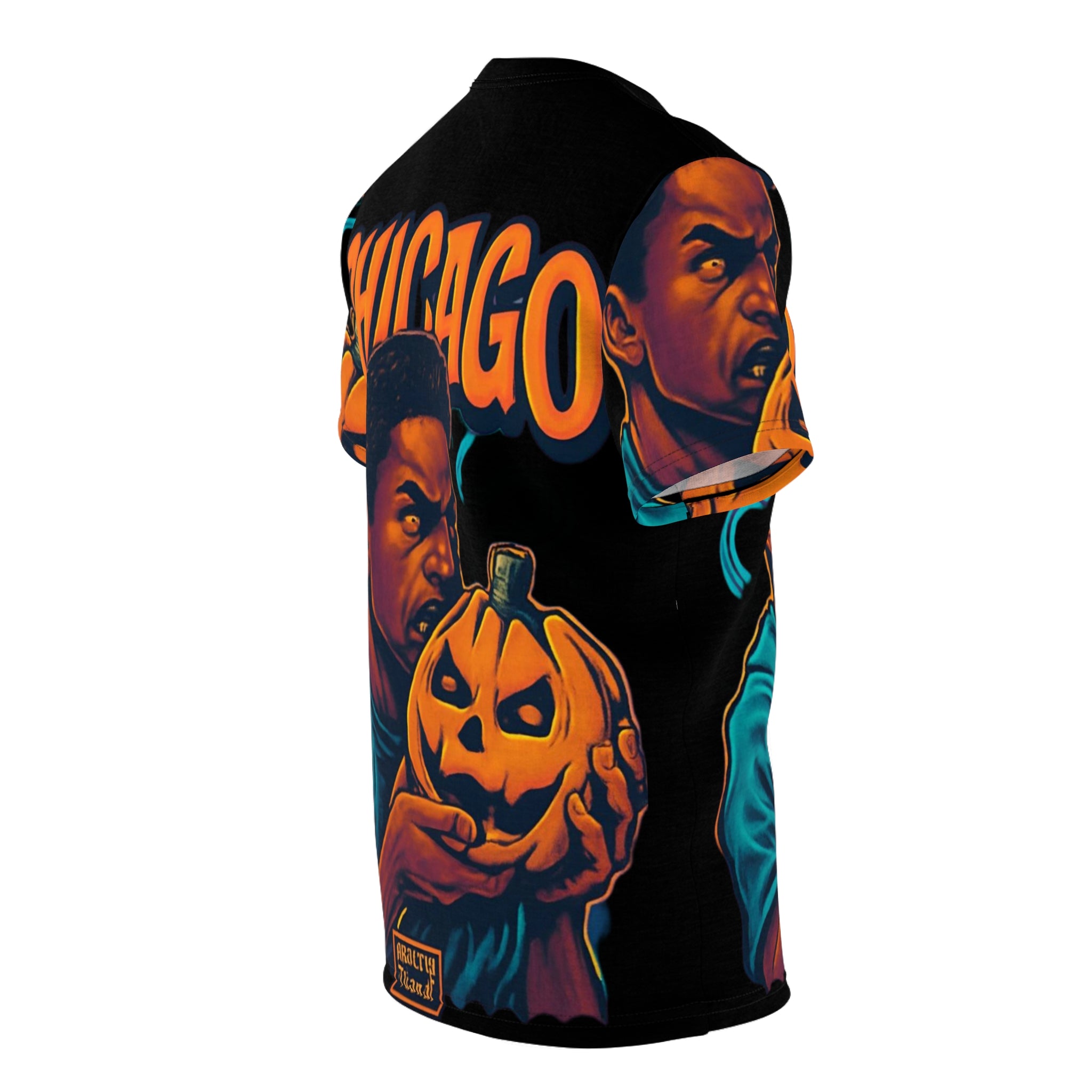 Unisex tee with Chicago-inspired spooky all-over print, crew neck and regular fit assembled in the USA — additional view 6