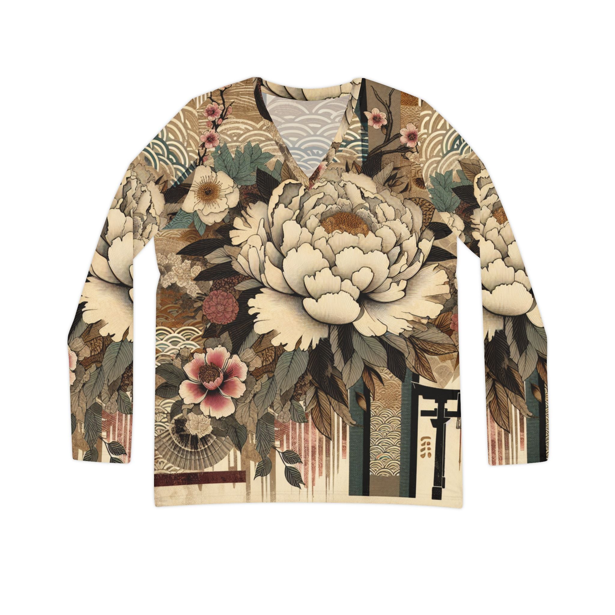 Elegant Floral V-neck Long Sleeve Shirt, Boho Chic Top, Art Tee, Nature-inspired Apparel, Unique Gift for Her