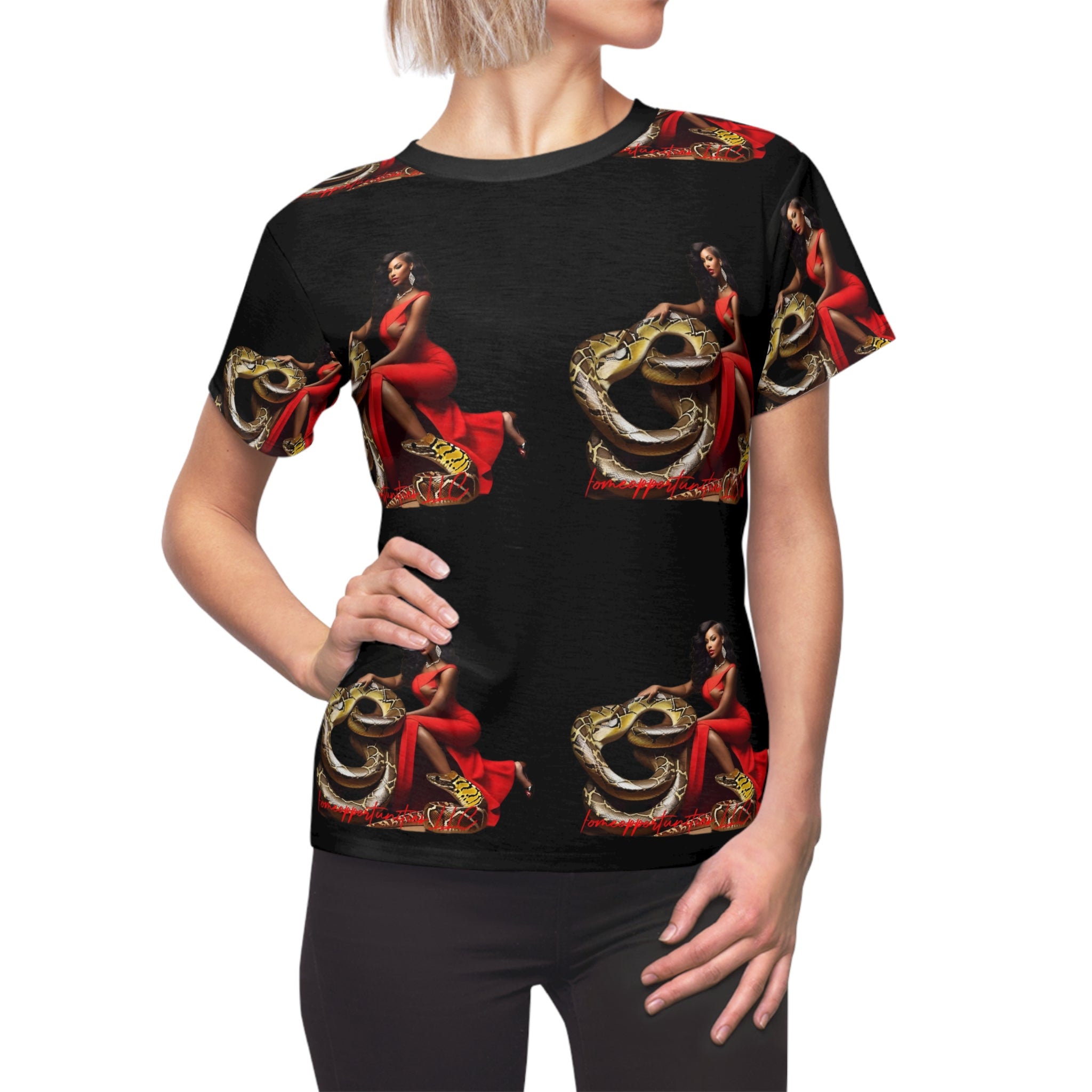 R&RH Luiiloviie and Pet Bold Women's Cut & Sew Tee featuring Snake and Red Dress Design - Perfect for Trendsetters