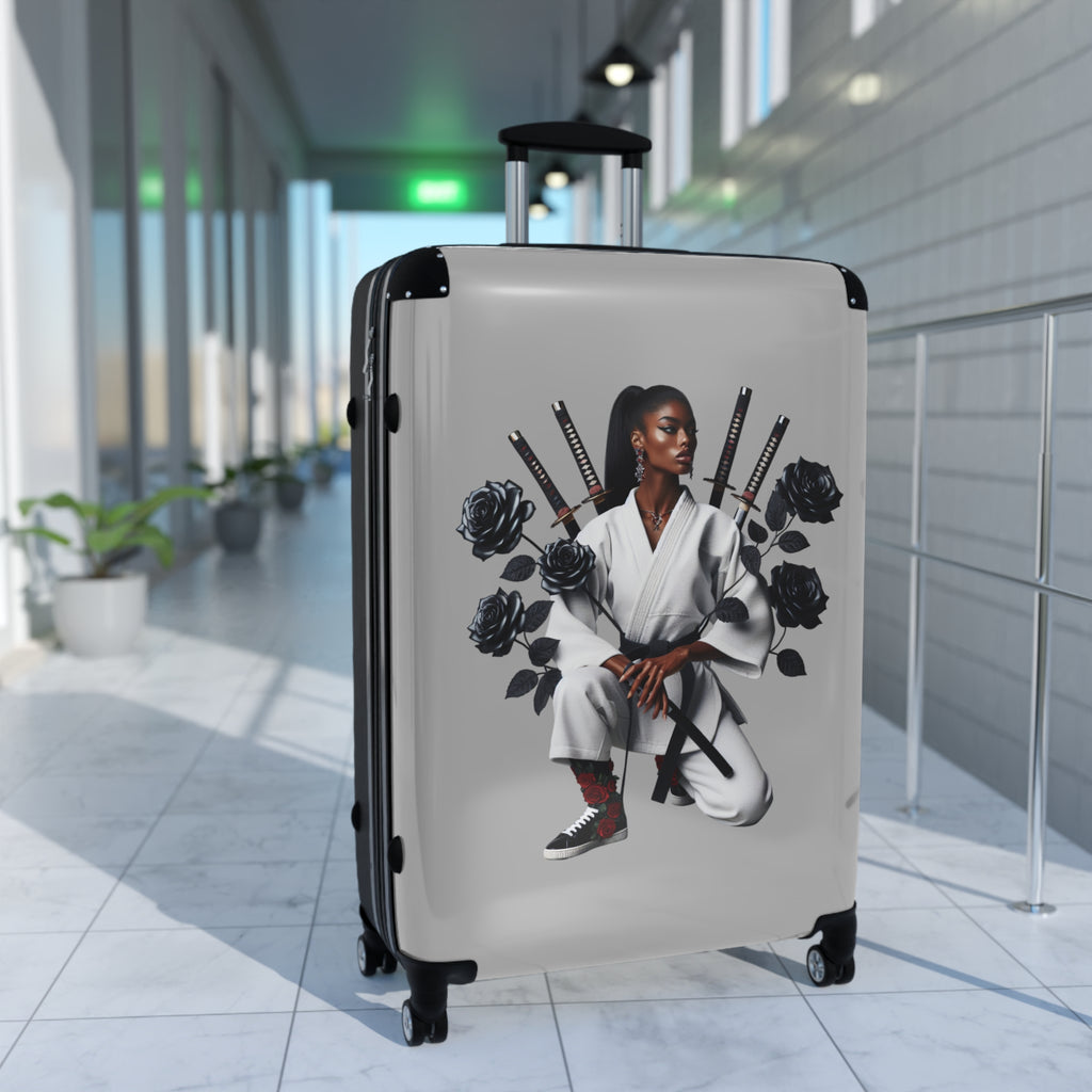 R&RH Elegant Samurai Style Grey Women's Suitcase with floral design