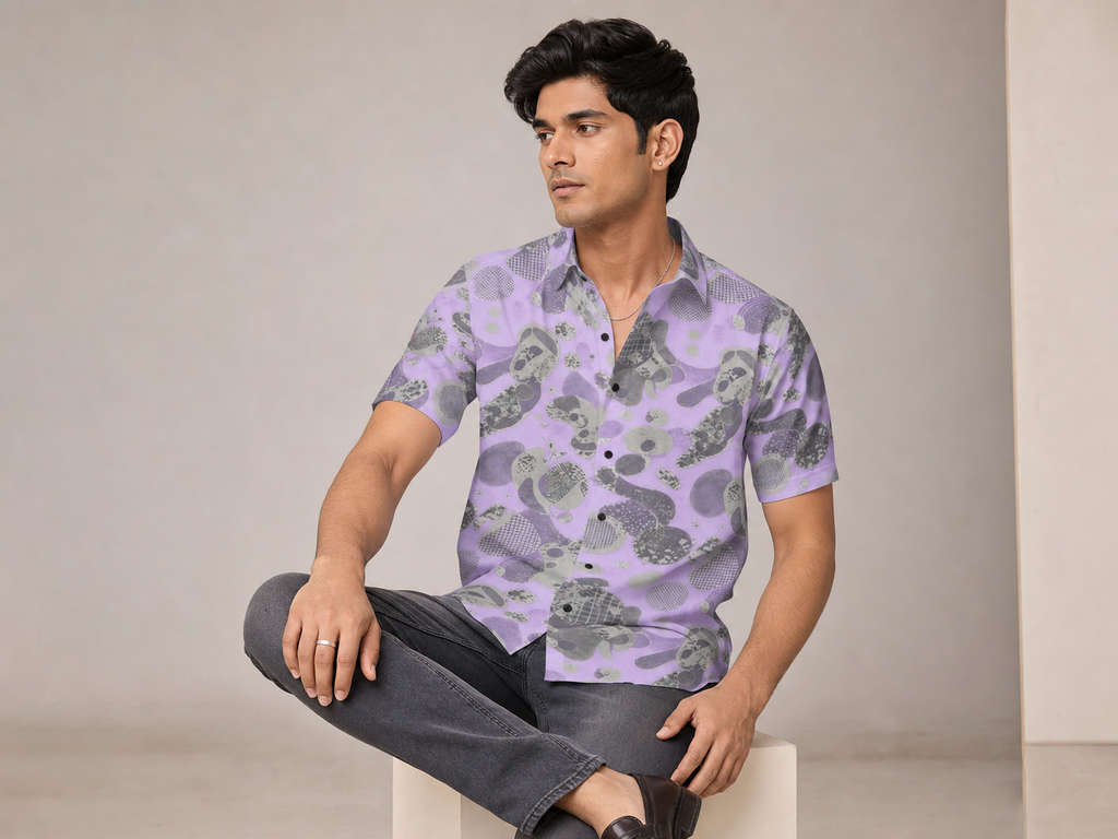 Male model wearing the Rich and Rich Men’s Lavender Fusion Designer Shirt with a boxy fit, short sleeves, notch lapel collar, and lavender fusion designer pattern.