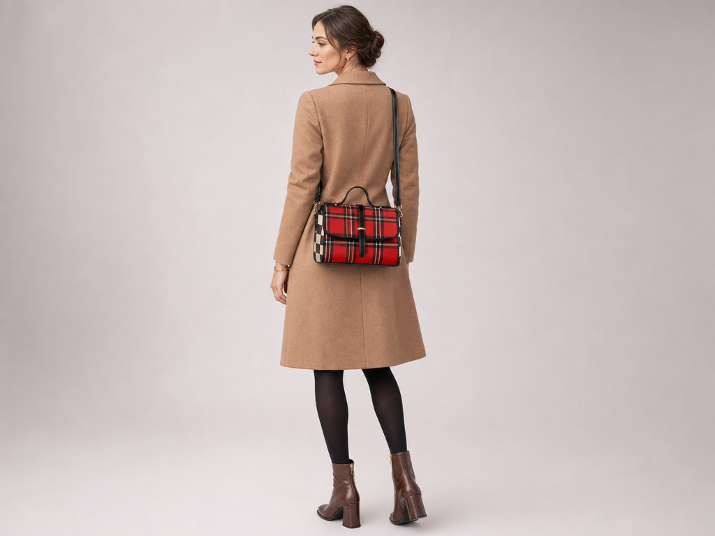 Rich and Rich Chocolate Red Checkered Women's Leather Satchel Bag