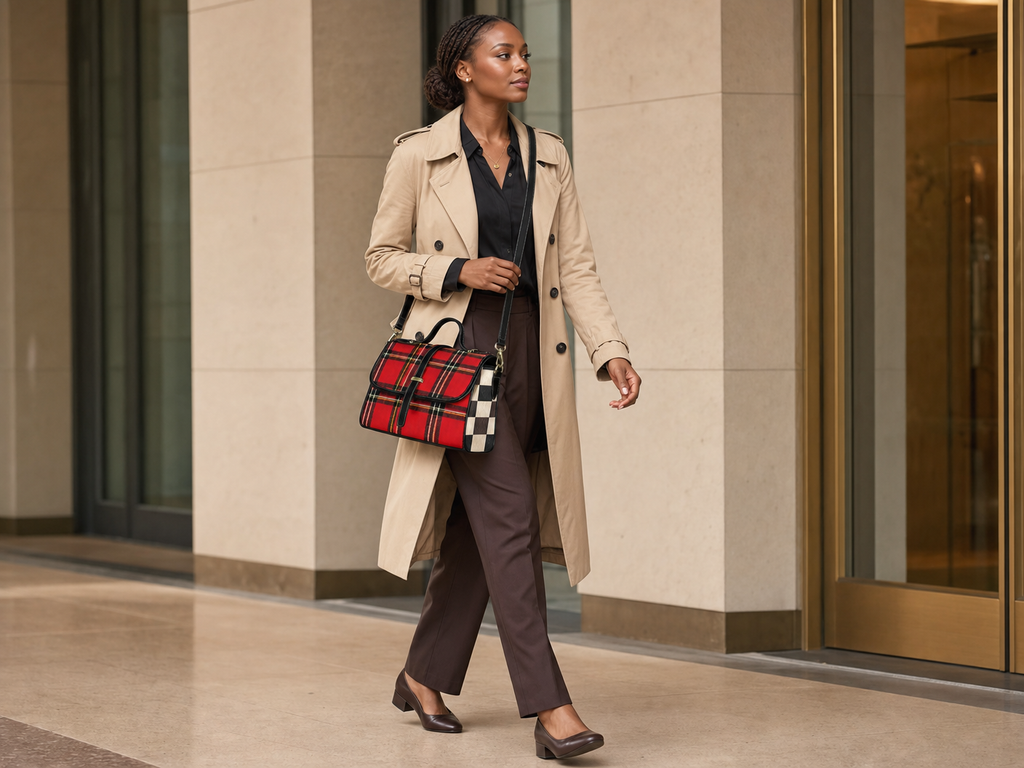 Rich and Rich Chocolate Red Checkered Women's Leather Satchel Bag
