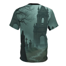 Load image into Gallery viewer, Halloween Unisex Tee, Spooky Graphic T-Shirt, Halloween Party Wear, Ghostly AOP Shirt, Gothic Casual Tee
