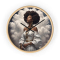 R&RH Serenity Wall Clock with wood frame and plexiglass face hanging on a living room wall
