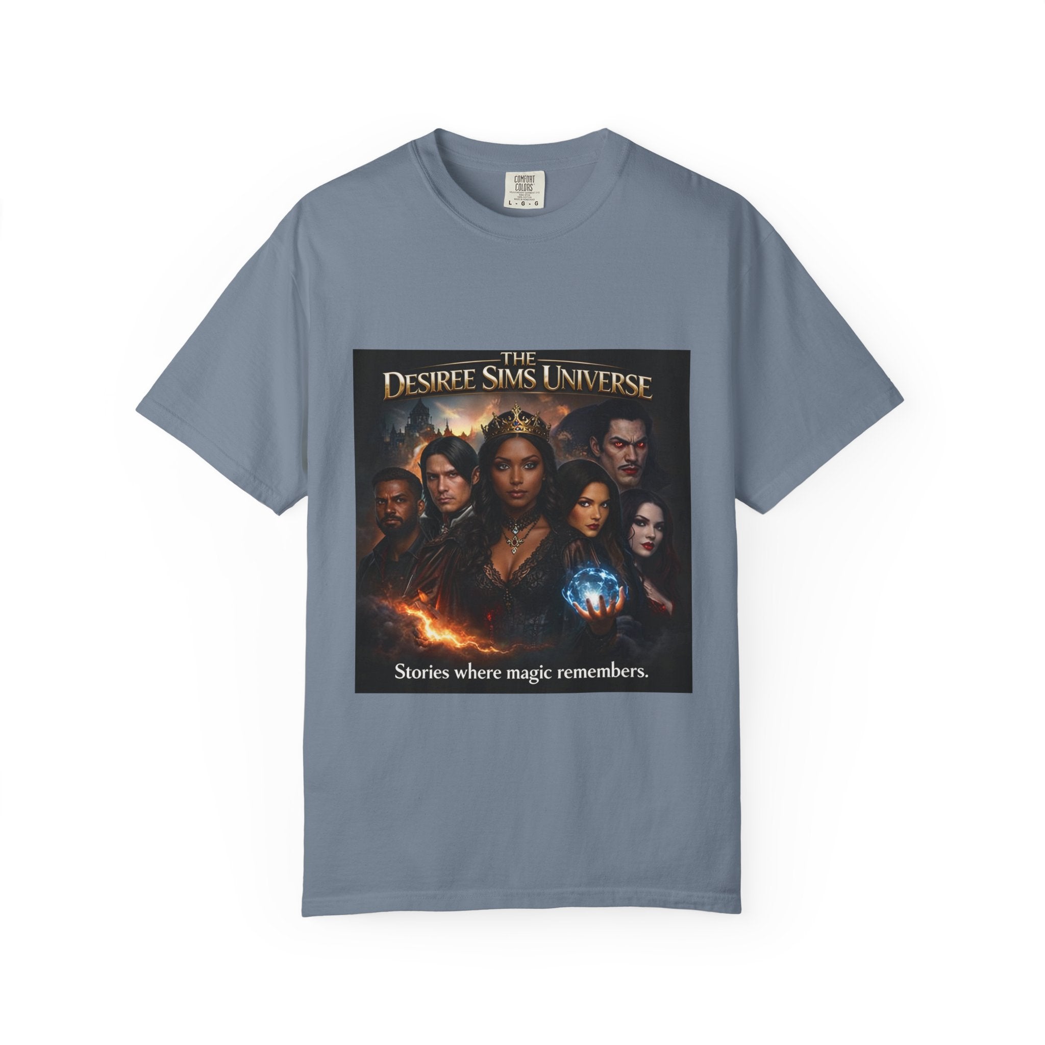 Desiree Sims Universe Fantasy Series Cast Poster T-shirt with cinematic magic print on garment-dyed fabric