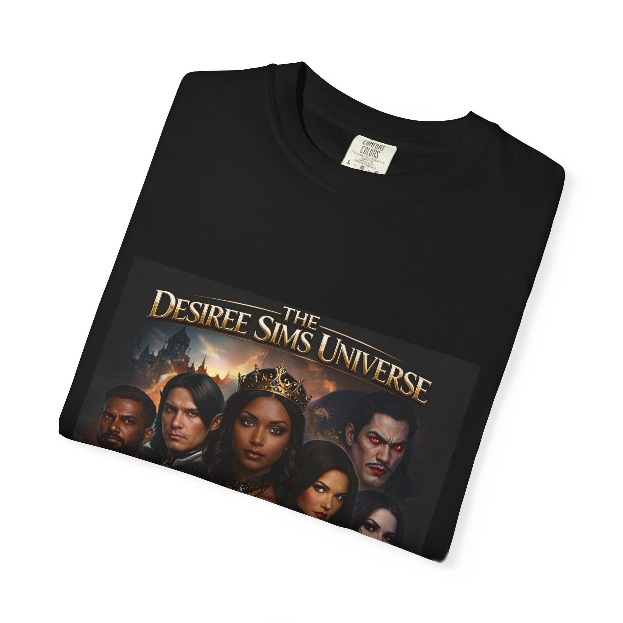 Desiree Sims Universe Fantasy Series Cast Poster T-shirt with cinematic magic print on garment-dyed fabric