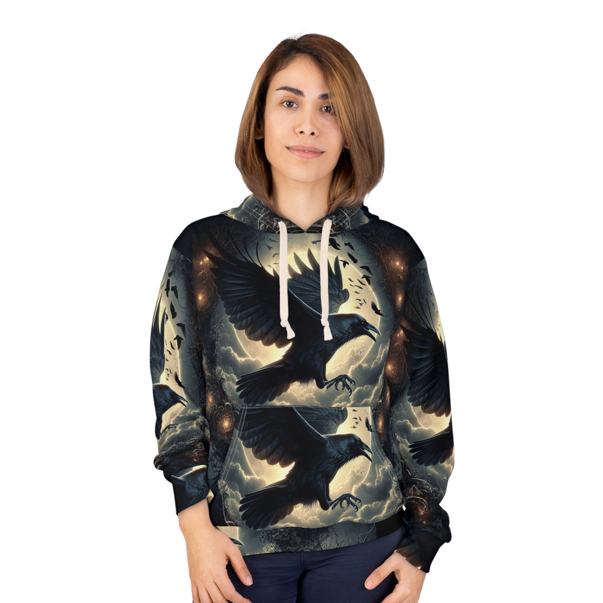 Mystical Raven Pullover Hoodie - Graphic Sweatshirt for Men and Women, Cozy Wear for Halloween, Goth Style, Gift for Bird Lovers