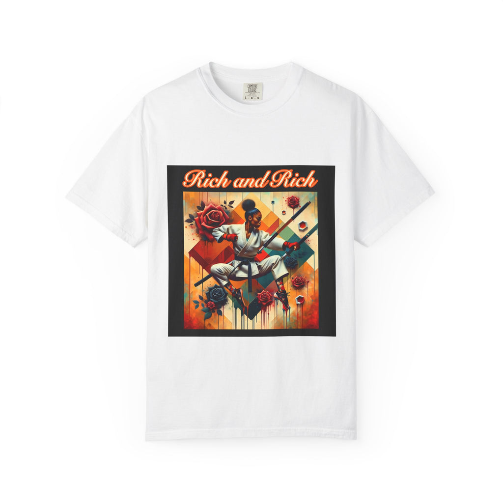Rich and Rich Retro Floral Hip-Hop Artwork T-Shirt with bold graphic print on front
