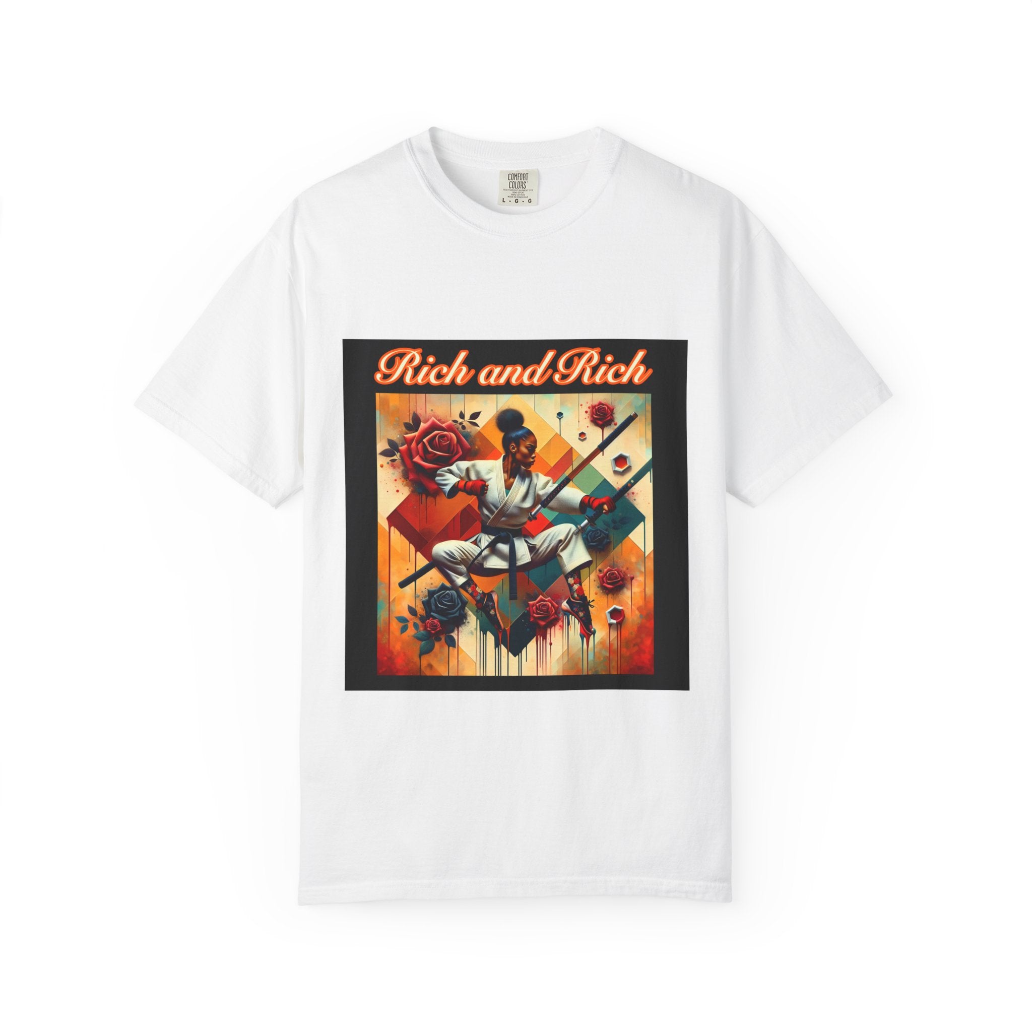 Rich and Rich Retro Floral Hip-Hop Artwork T-Shirt with bold graphic print on front