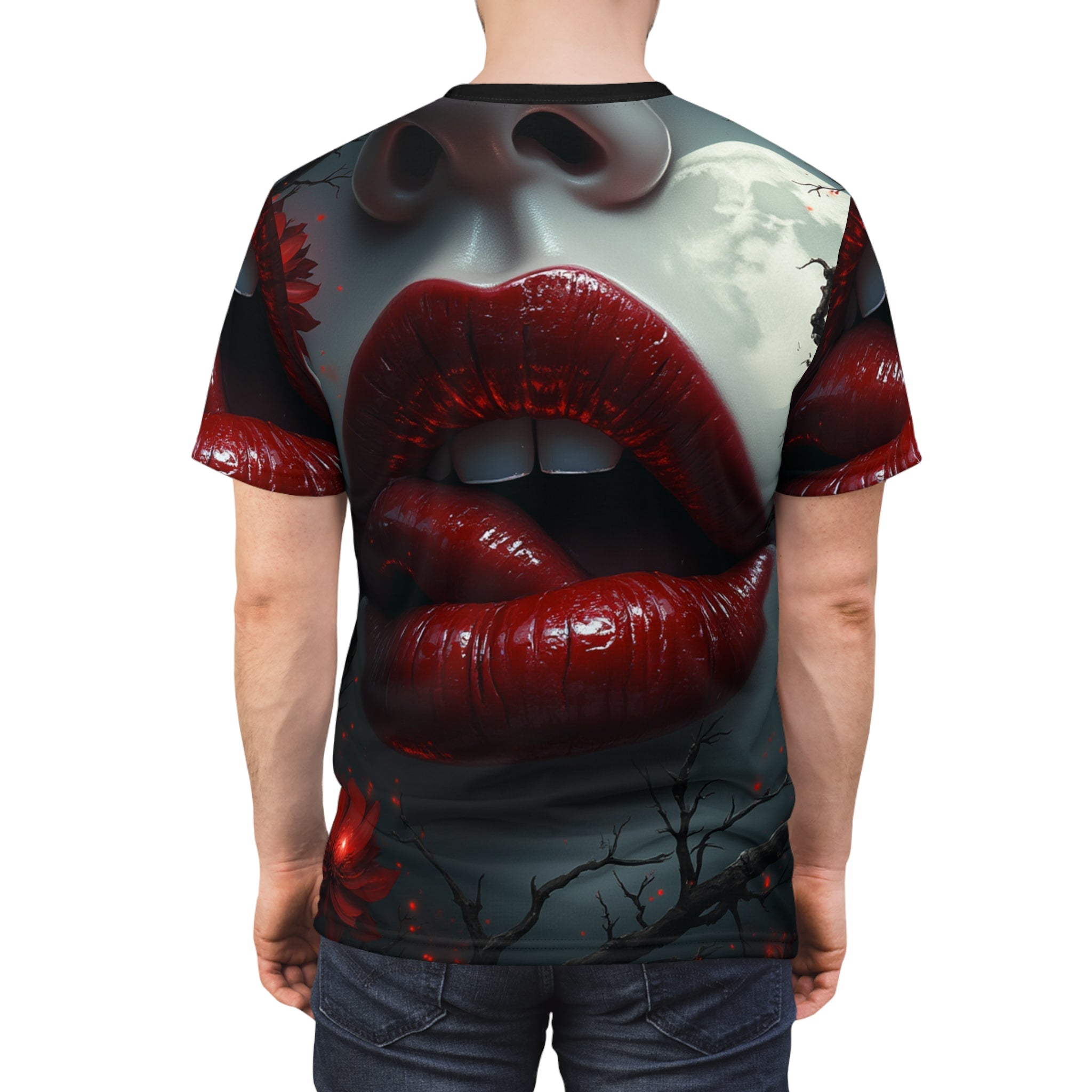 Vampire Kiss Unisex Graphic T-Shirt with edgy gothic vampire design, perfect for Halloween and alternative fashion
