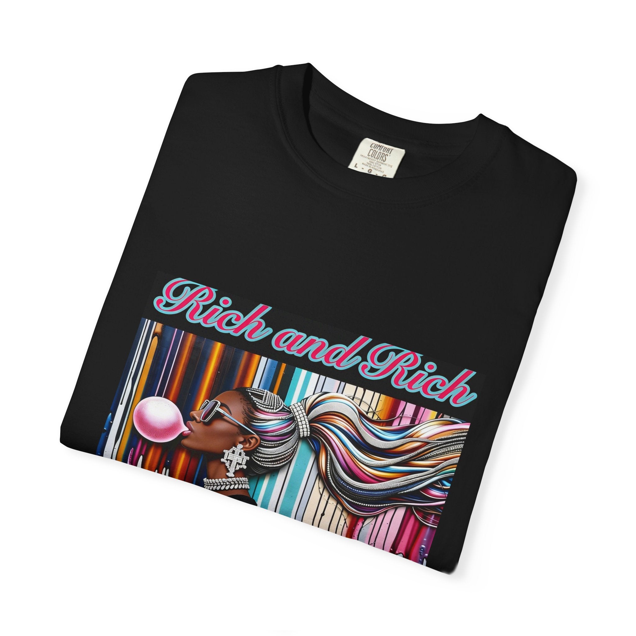 Unisex Rich and Rich colorful bubblegum street art graphic t-shirt featuring a figure blowing a rainbow bubble
