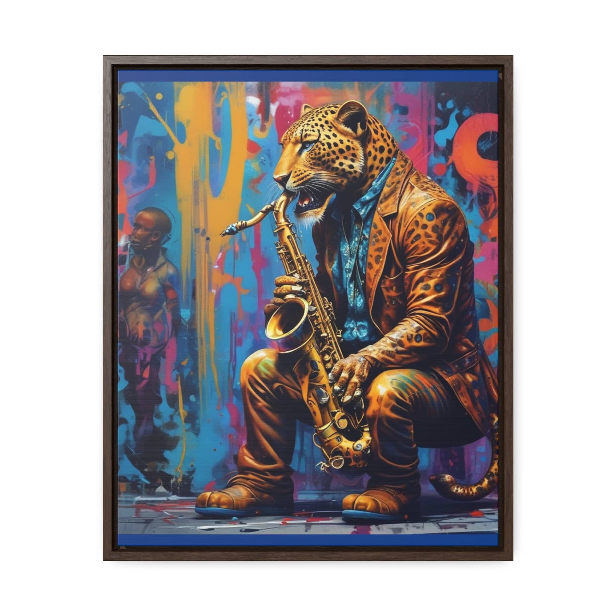RRH Leopard Saxophone Player vertical canvas wall art with walnut frame