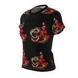 Black women's T-shirt with all-over snake and red dress graphic print — additional view 6