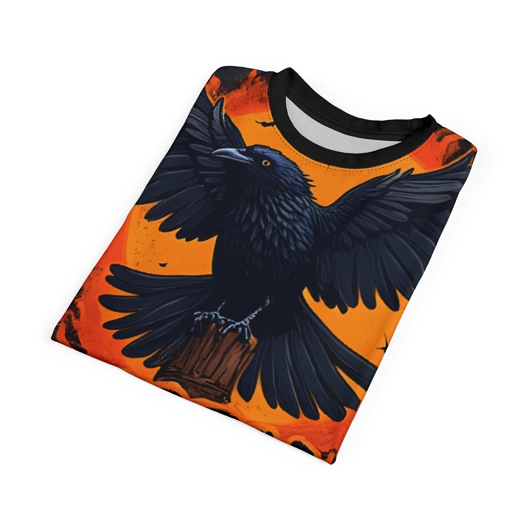 Unisex Halloween Crow Tee with striking raven graphic and Happy Halloween text
