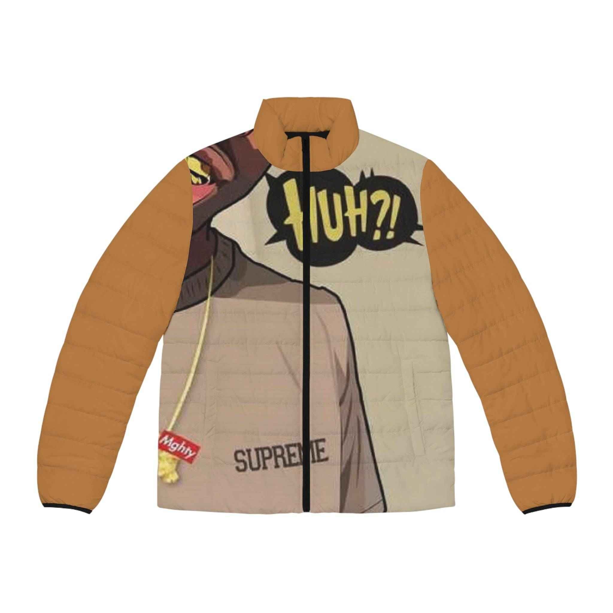 Light brown men's puffer jacket with stand-up collar, quilted black lining and side pockets