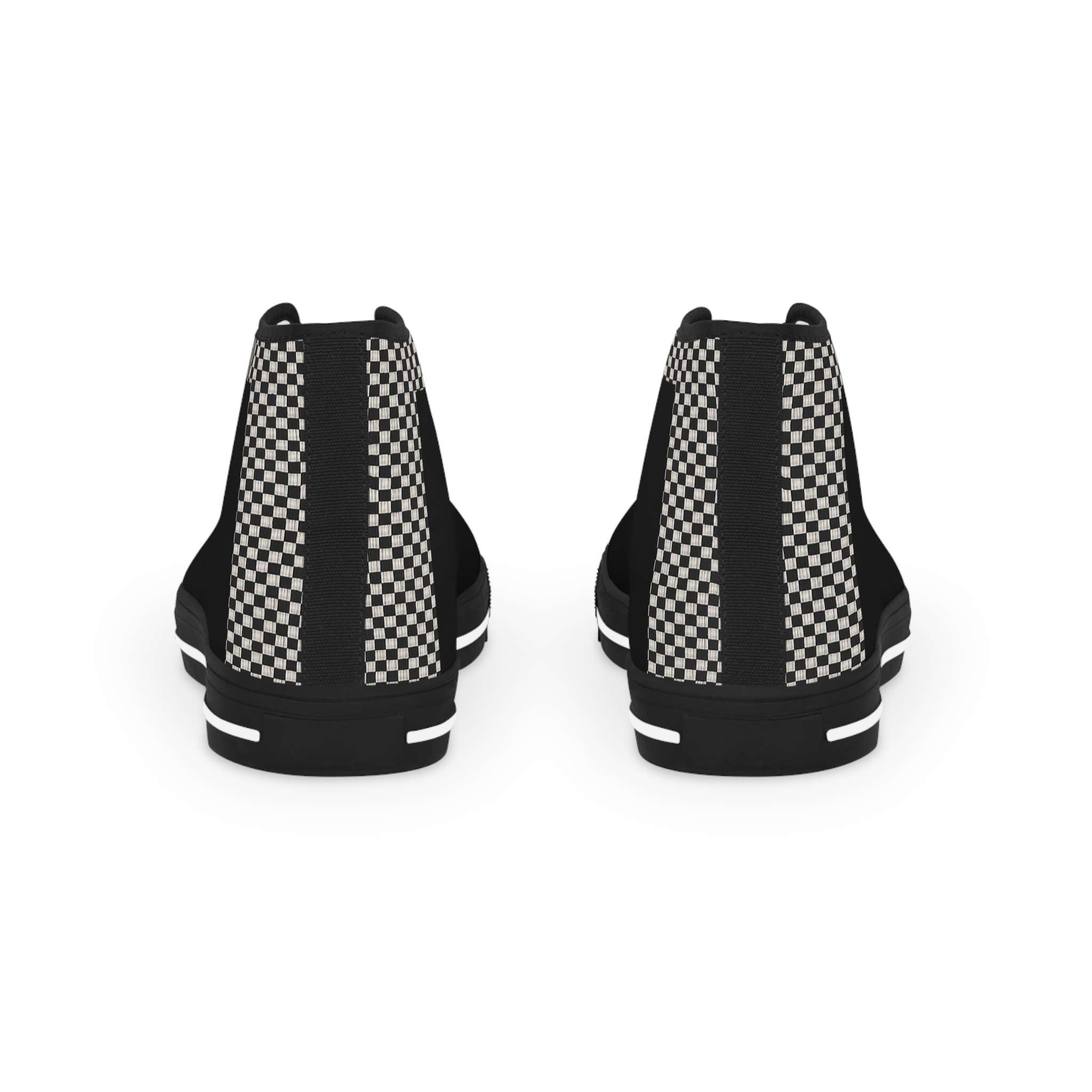Black high-top sneaker with wraparound print and pleather toe — rear view