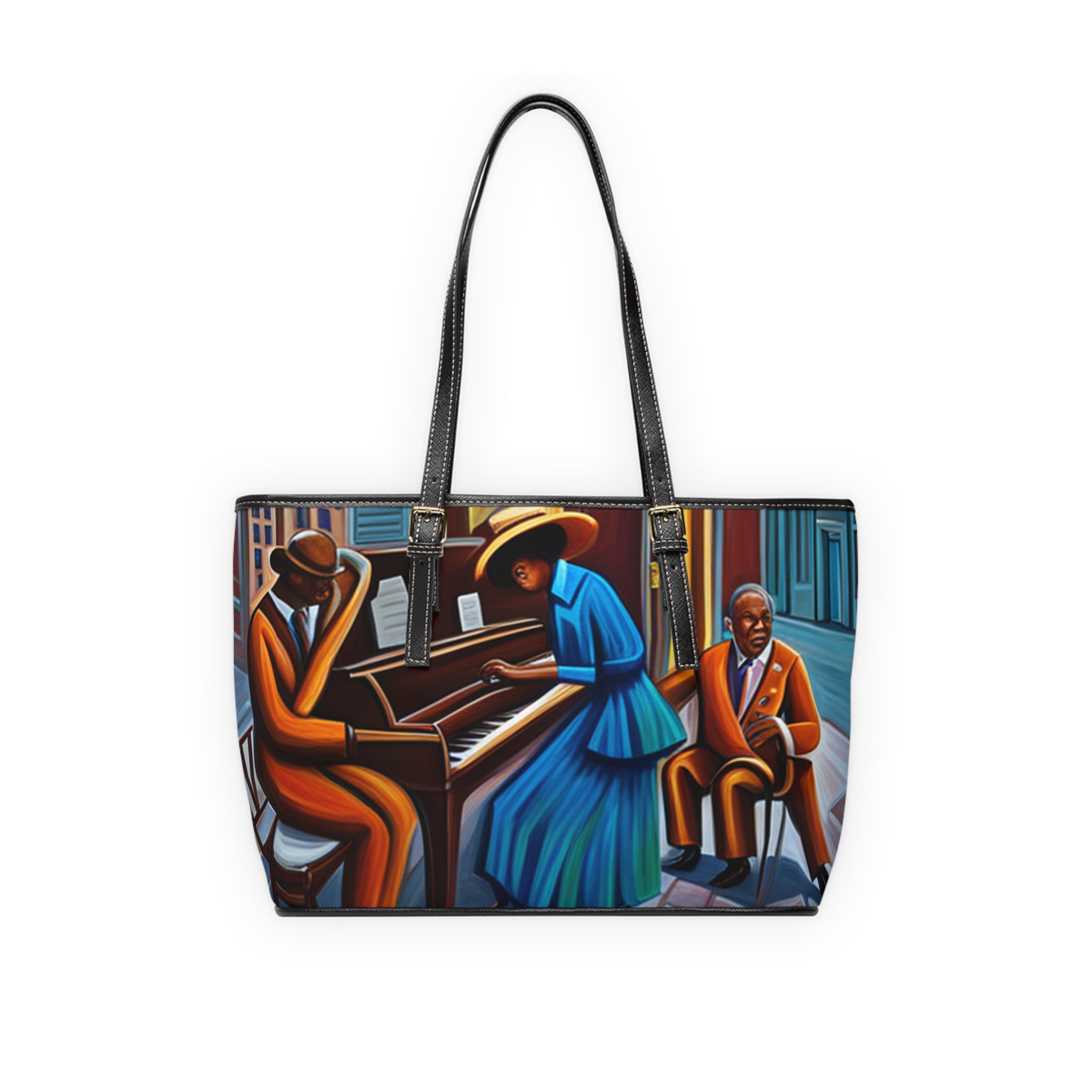 PU leather shoulder bag with gold-colored hardware, polyester lining, and double-sided prints — product detail