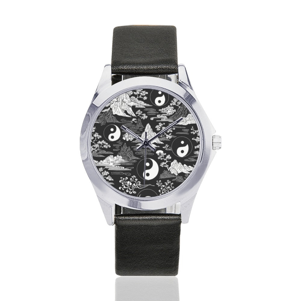 Silver-tone unisex watch with black-and-white Feng Shui dial and leather band, 1.10-inch face