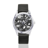 Silver-tone unisex watch with black-and-white Feng Shui dial and leather band, 1.10-inch face