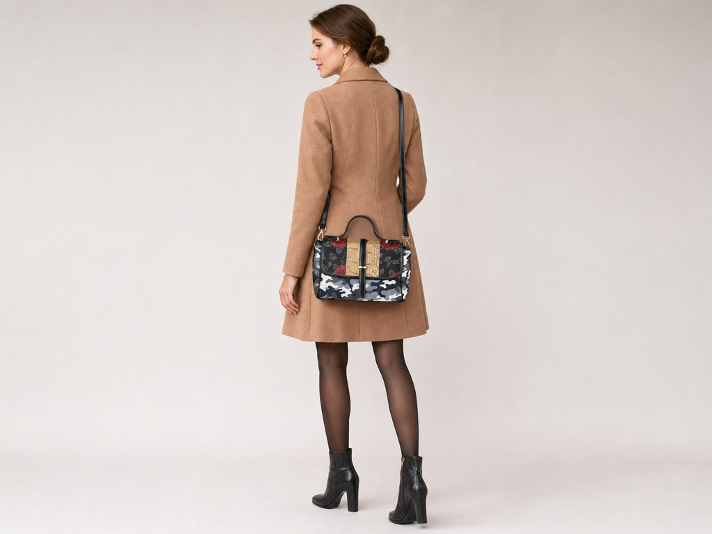 Rich and Rich Women's Gray Camouflage Rose Leather Satchel Handbag