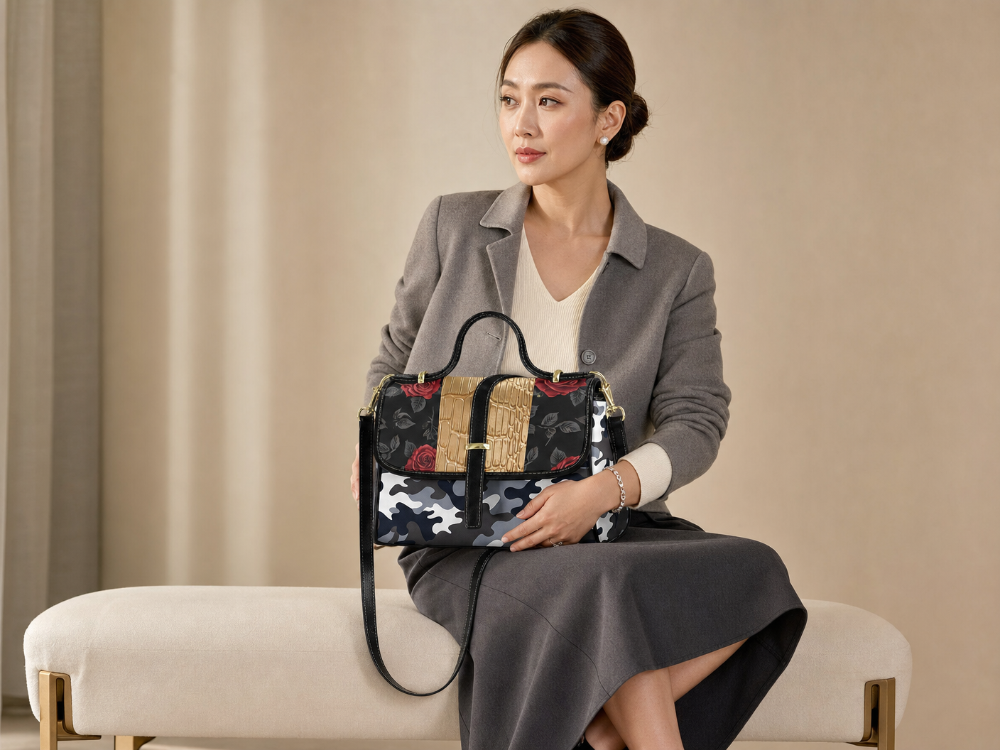 Rich and Rich Women's Gray Camouflage Rose Leather Satchel Handbag
