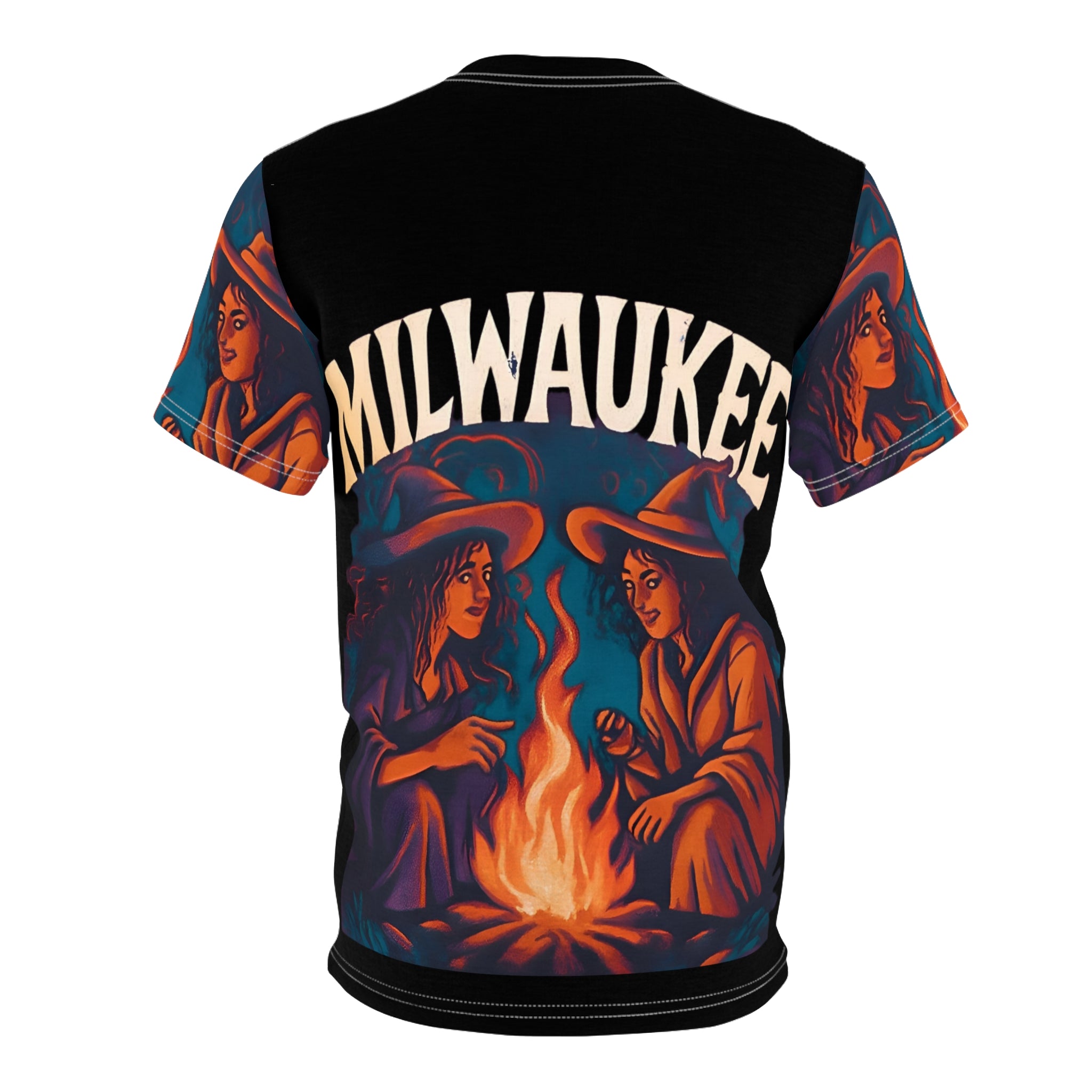 Milwaukee Witchy Vibes Unisex Tee featuring two witches by a campfire in a vintage Halloween graphic design