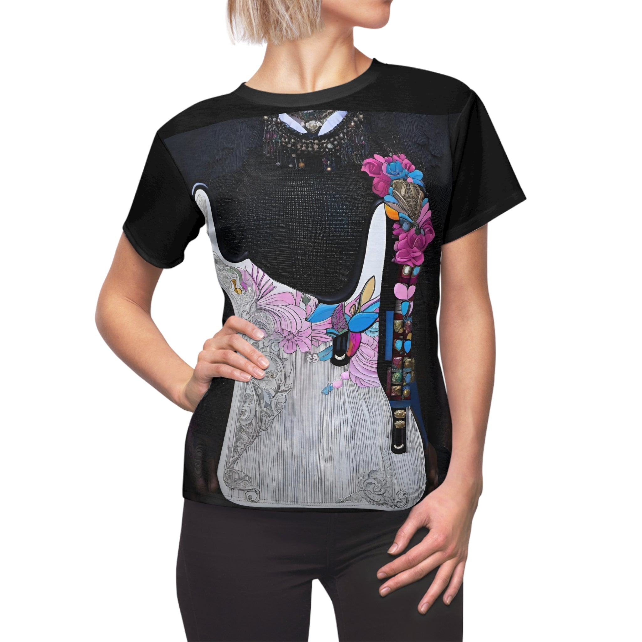 R&RH Black Guitar Women's T-Shirt with all over guitar print, crew neck, and regular fit