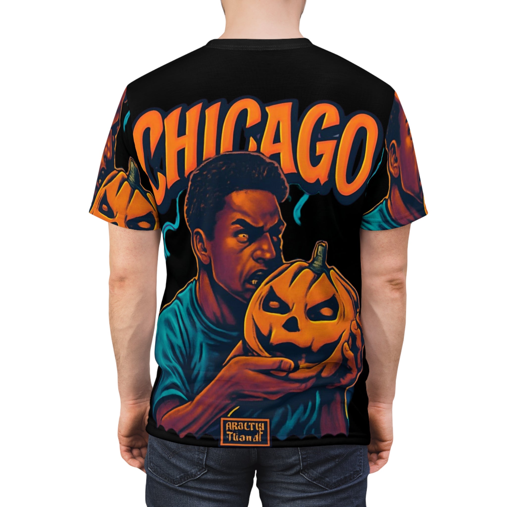 Chicago Halloween Unisex Tee with spooky pumpkin graphic, fall streetwear style