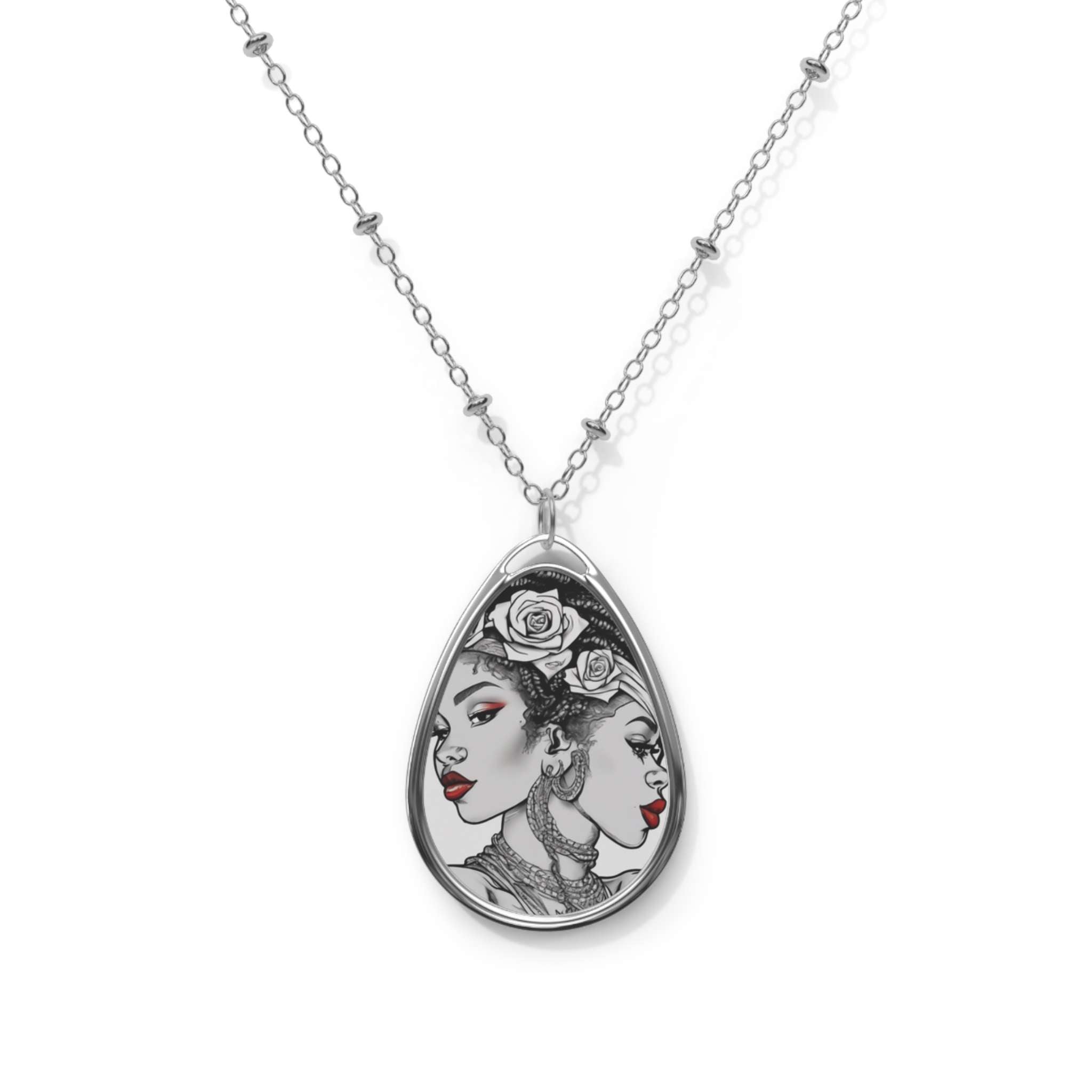 Glossy oval pendant necklace with colorful dual-portrait design on zinc alloy, lobster clasp — side view