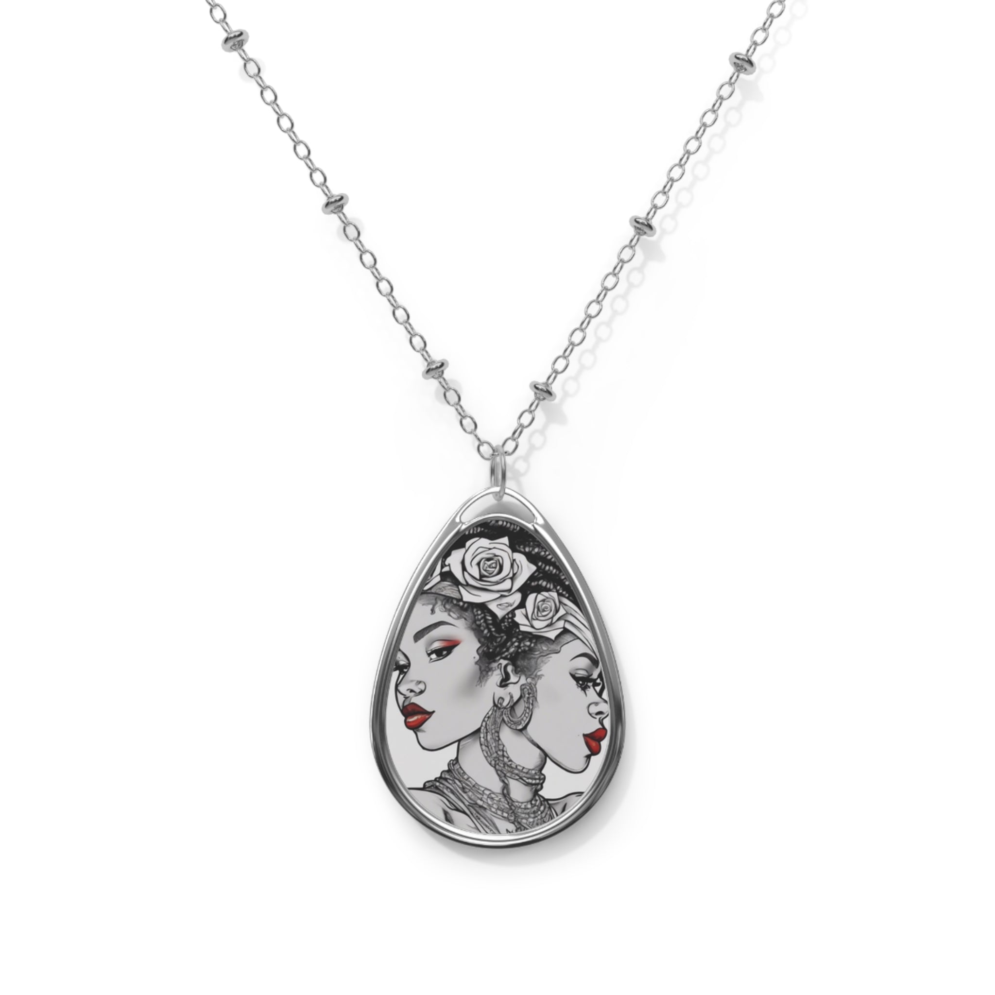 Glossy oval pendant necklace with colorful dual-portrait design on zinc alloy, lobster clasp — side view