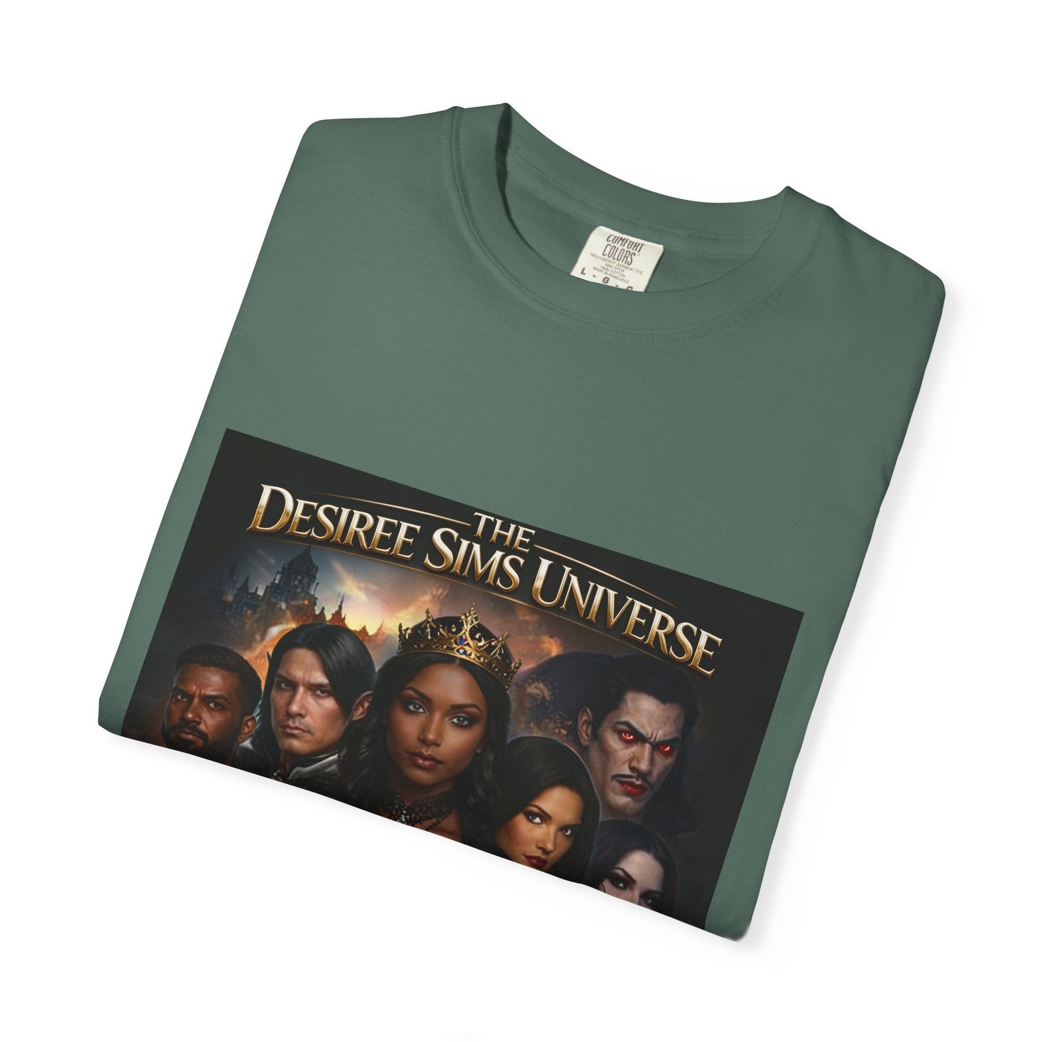 Desiree Sims Universe Fantasy Series Cast Poster T-shirt with cinematic magic print on garment-dyed fabric