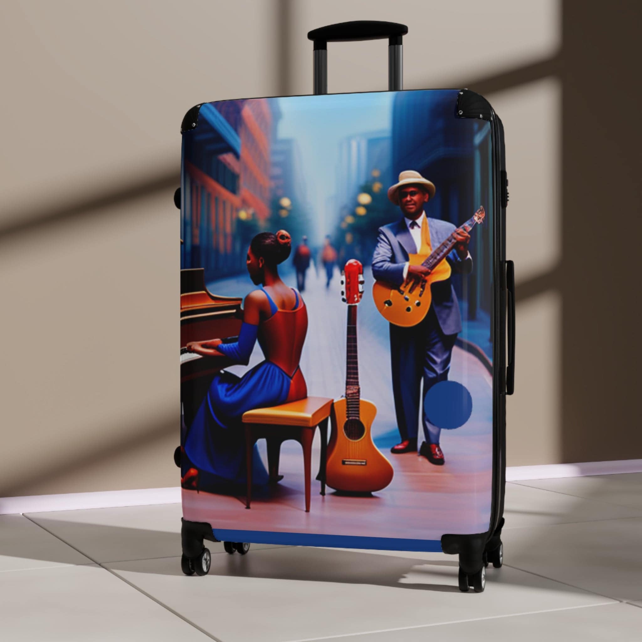 Rich and Rich Blue Caricature Jazz Suitcase with adjustable handle and 360-degree wheels