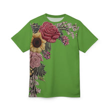 Load image into Gallery viewer, R&amp;RH Embroidered Floral Unisex Designer Womens T-shirt | Vibrant Green Top for Spring &amp; Summer
