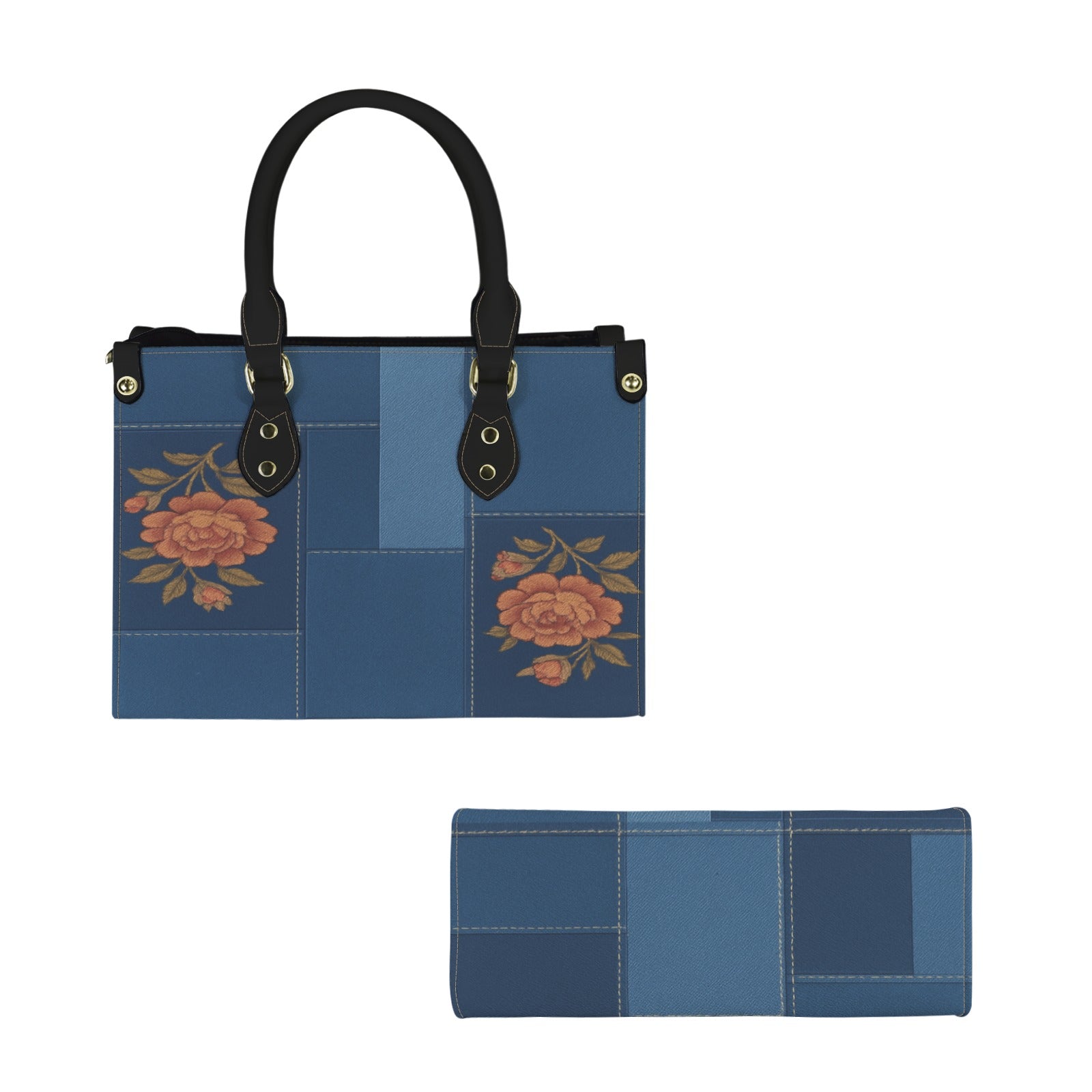 Blue floral small PU leather handbag with top handle and matching low-top canvas sneakers — rear view