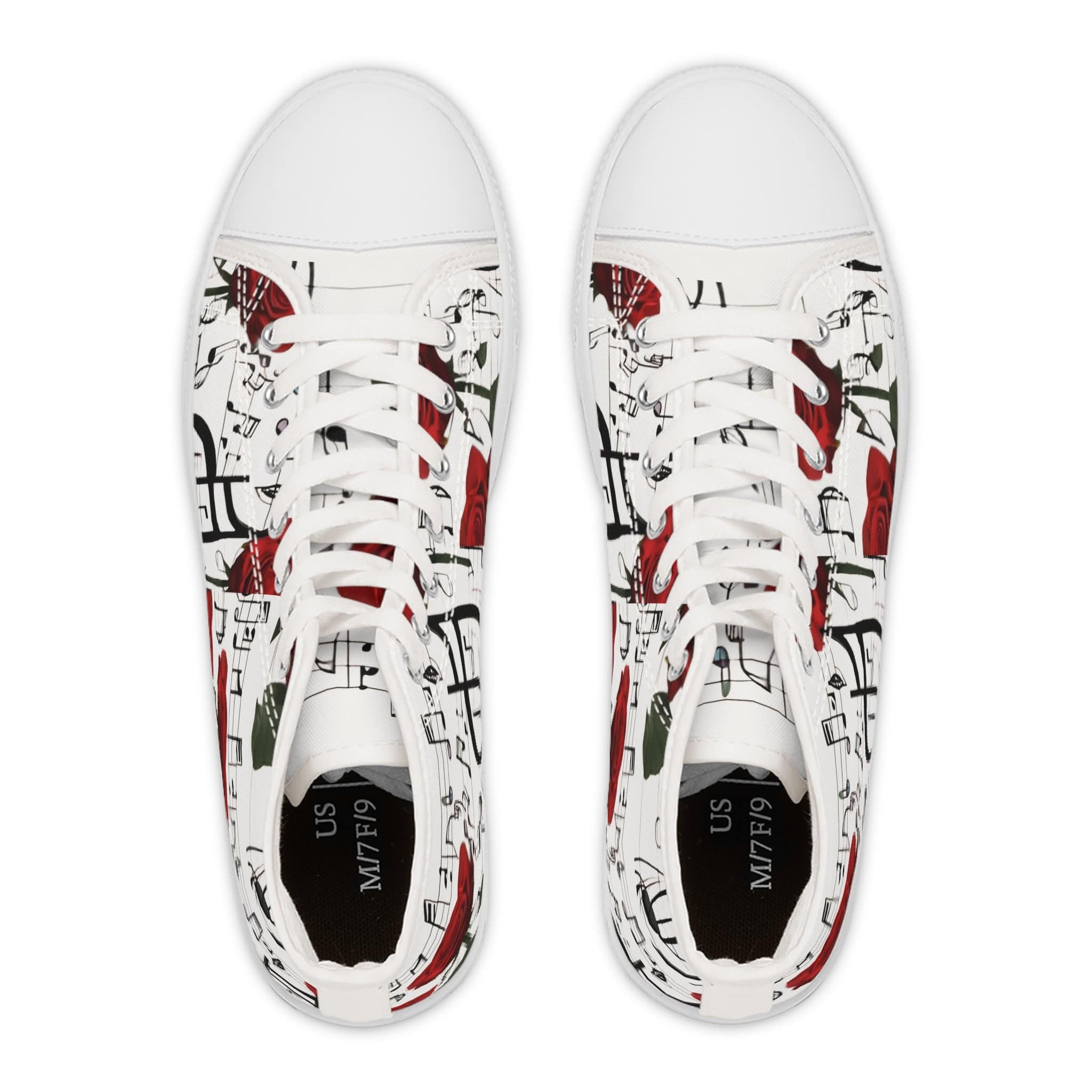 White high-top women's sneakers with full-wrap musical notes and red rose print, pleather toe and rubber — additional view 7