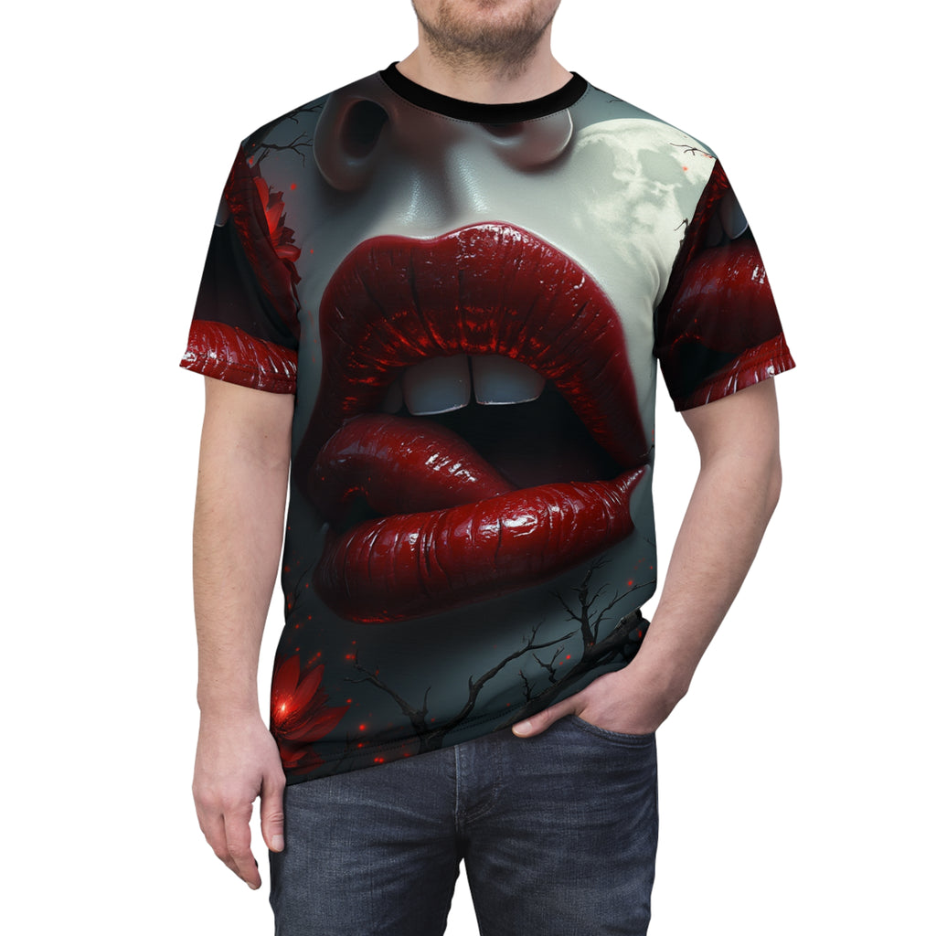 Vampire Kiss Unisex Graphic T-Shirt with edgy gothic vampire design, perfect for Halloween and alternative fashion
