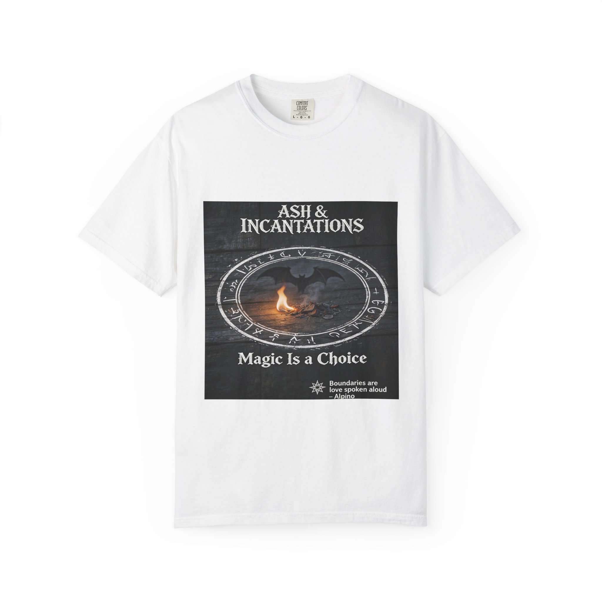 Garment-dyed heavyweight T-shirt with 'Magic Is a Choice' altar scene print and relaxed fit — alternate view