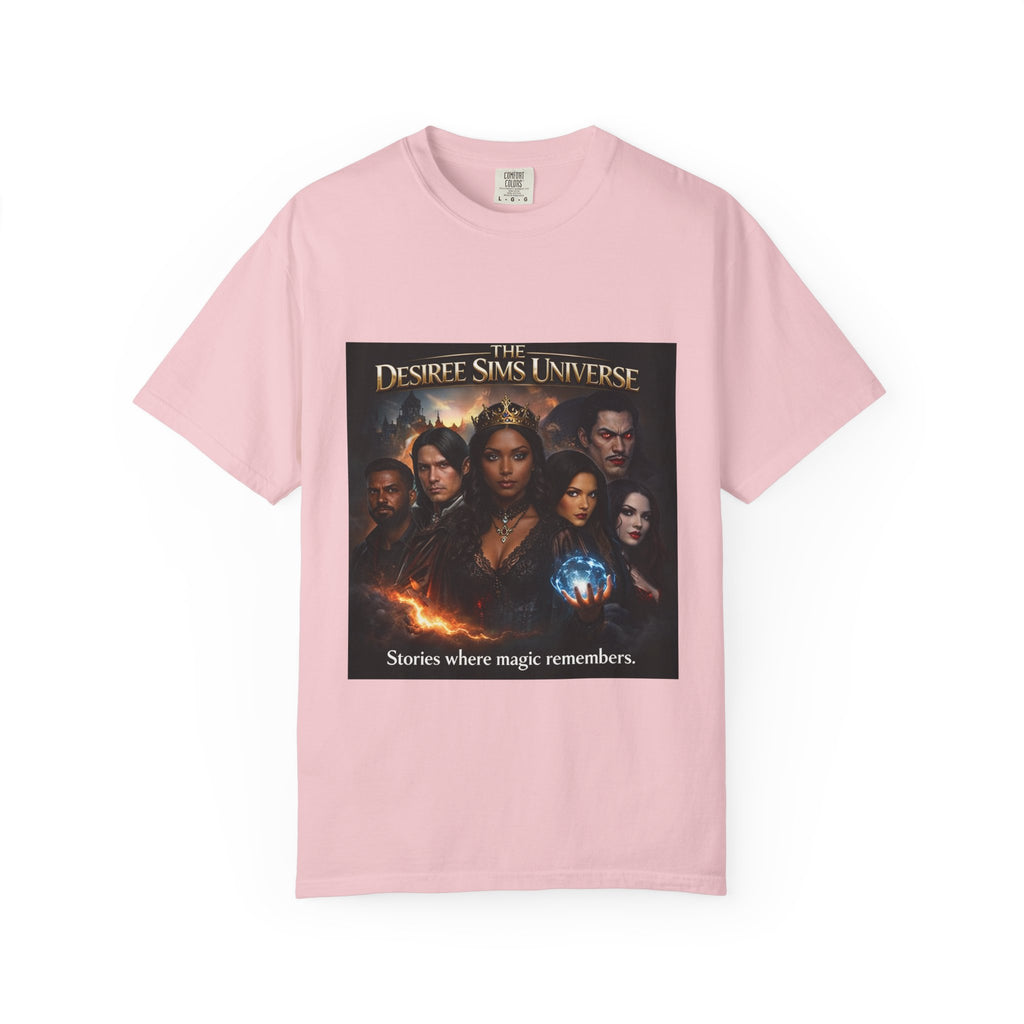 Desiree Sims Universe Fantasy Series Cast Poster T-shirt with cinematic magic print on garment-dyed fabric